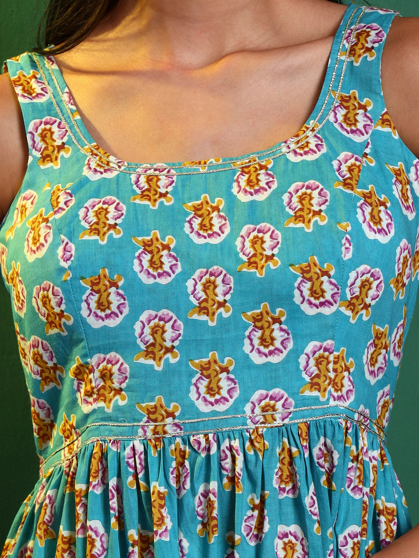 Blue Cotton Printed Tiered Maxi Dress