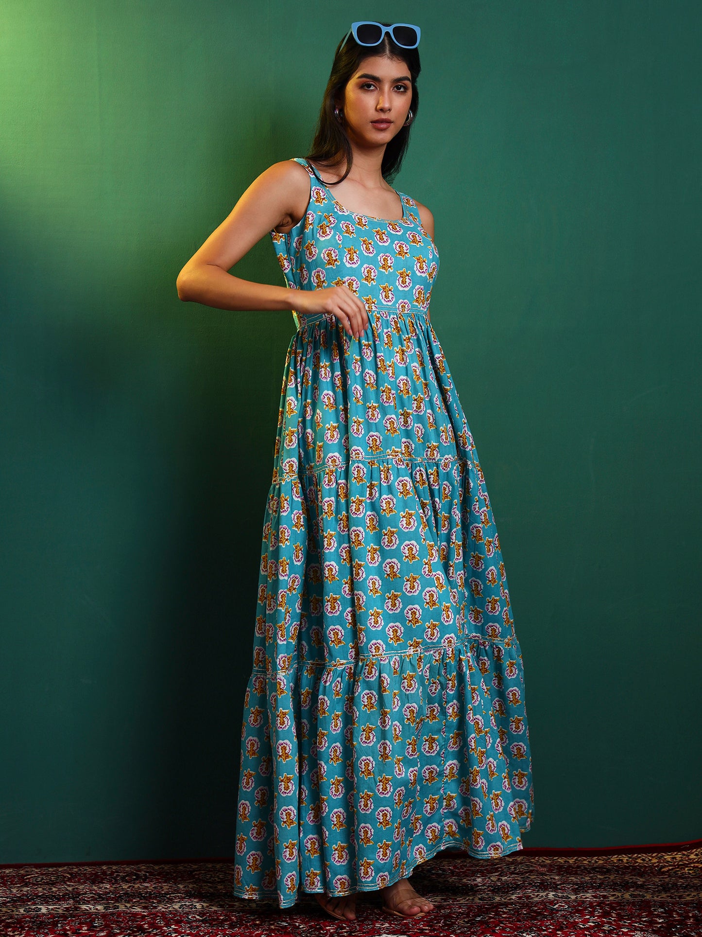 Blue Cotton Printed Tiered Maxi Dress
