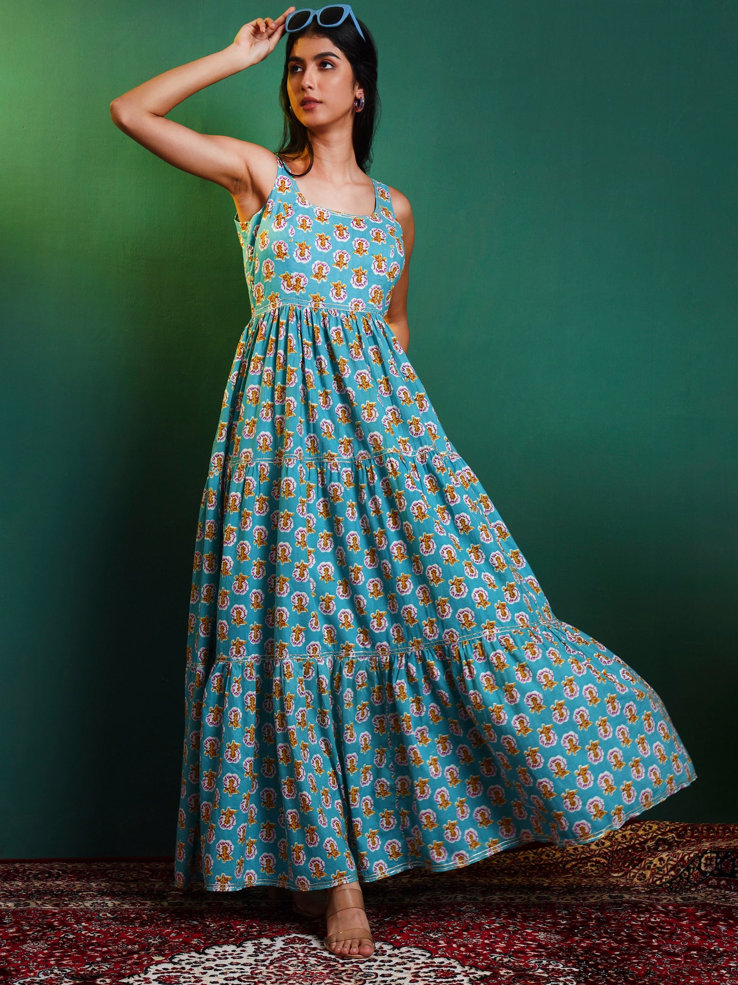 Blue Cotton Printed Tiered Maxi Dress