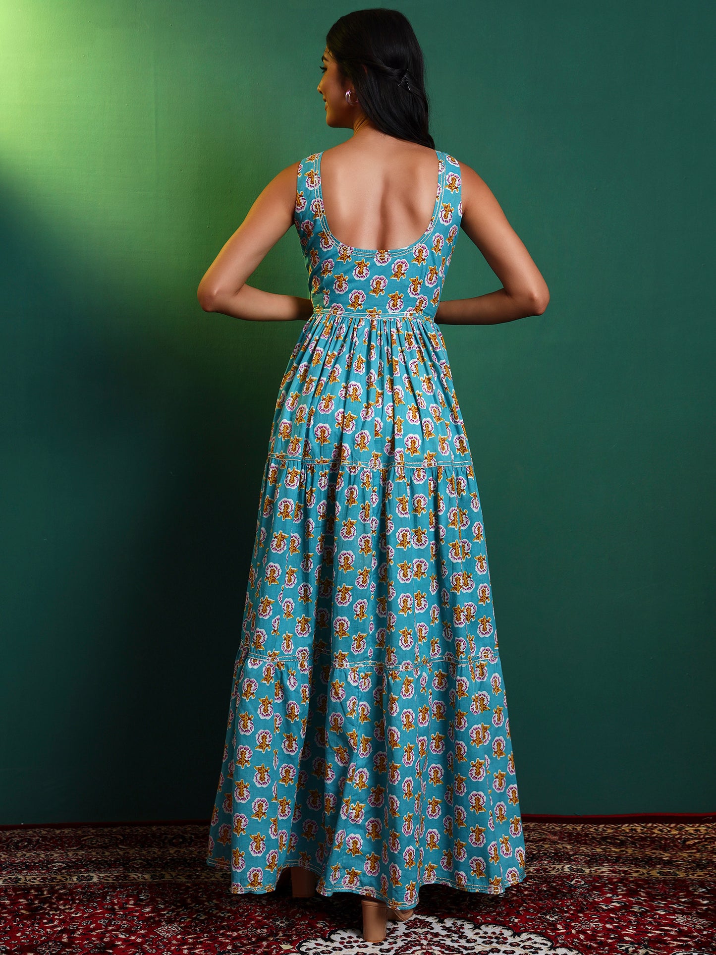 Blue Cotton Printed Tiered Maxi Dress