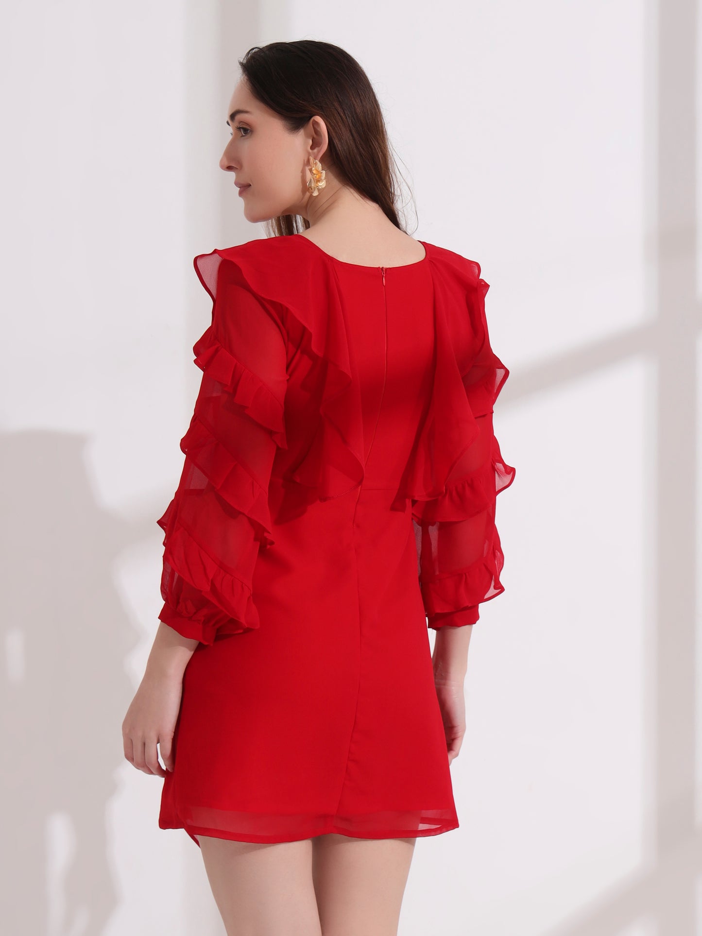 Red Georgette Ruffle Mini Dress