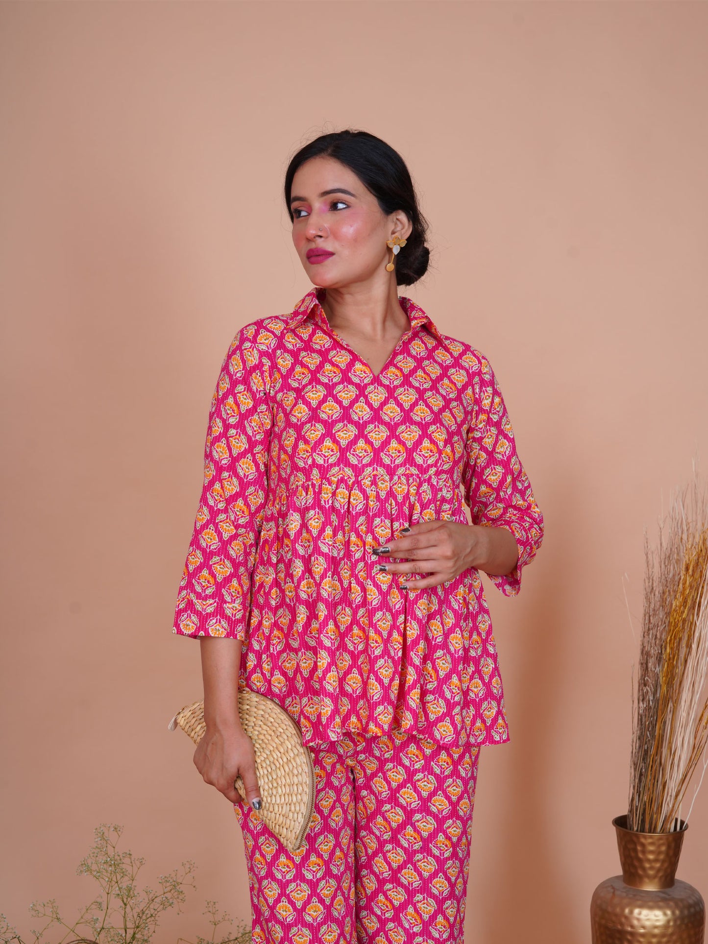 Kantha Embroidered Rani Pink Buti Printed Top