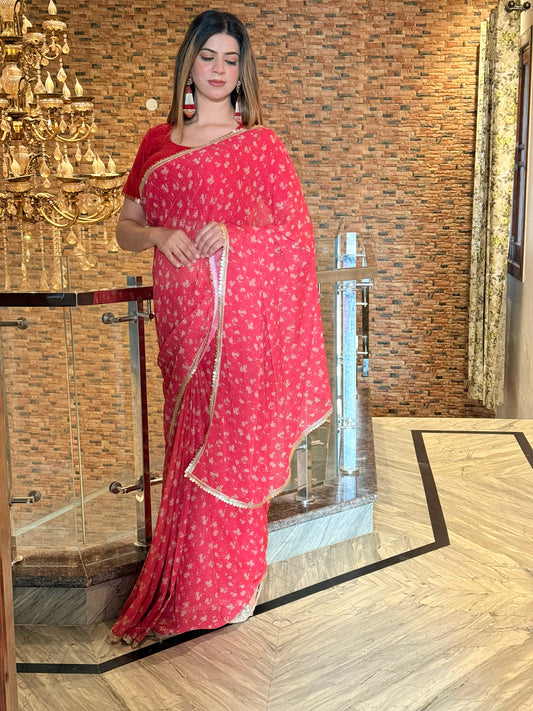 Red Floral Printed Chiffon Saree