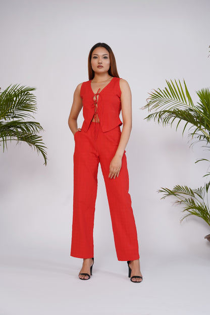 Flame red front tie-up top with trouser