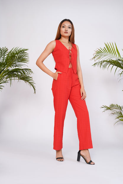 Flame red front tie-up top with trouser