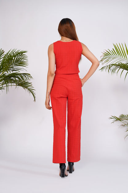 Flame red front tie-up top with trouser