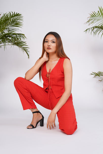 Flame red front tie-up top with trouser