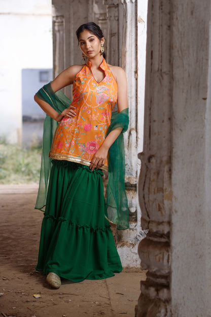 Chintz Floral Printed Halter Neck Kurta with Tiered Sharara Set