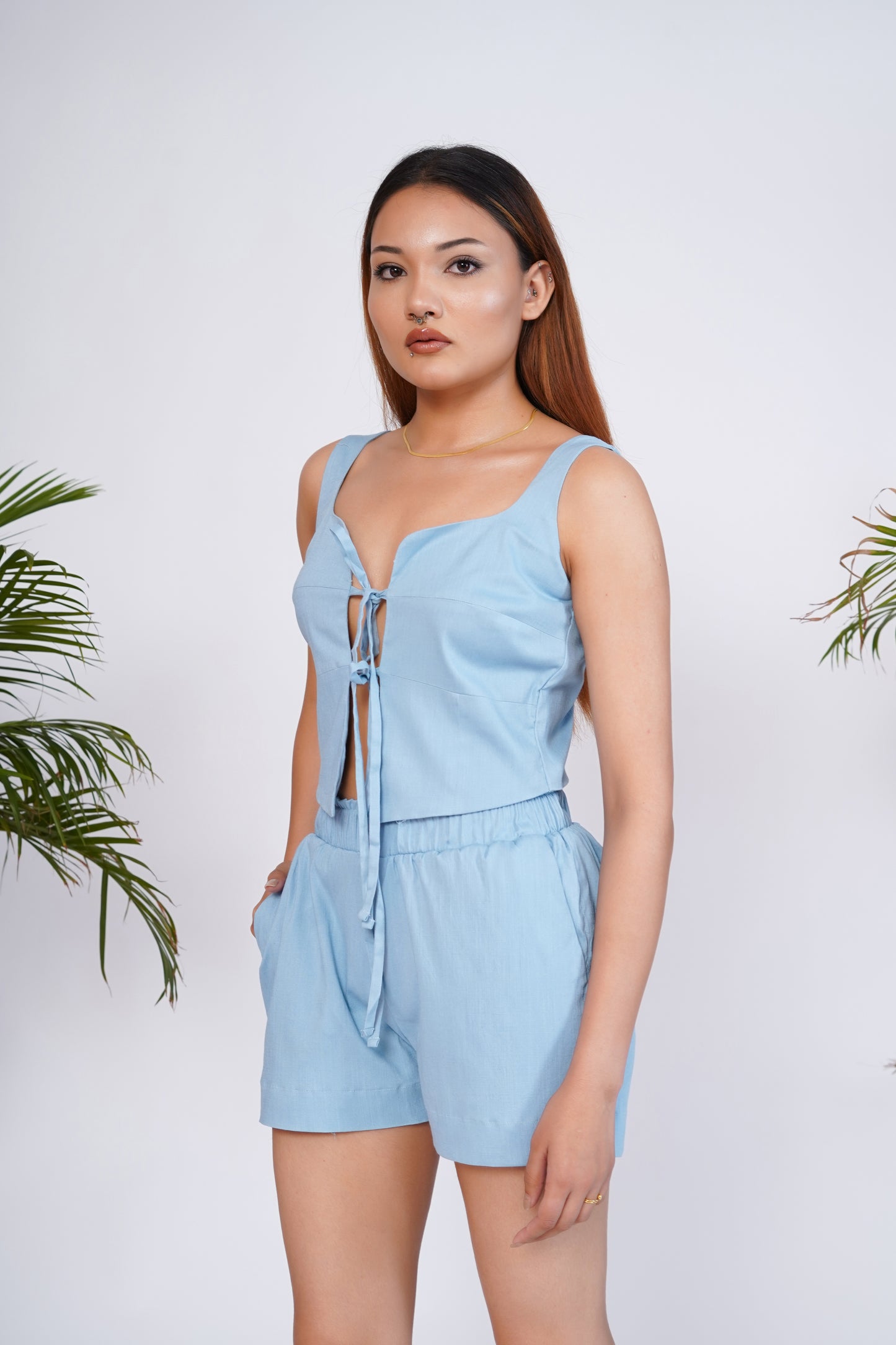 Sky Blue tie-up top and shorts set