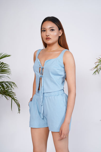 Sky Blue tie-up top and shorts set