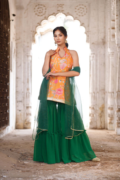 Chintz Floral Printed Halter Neck Kurta with Tiered Sharara Set