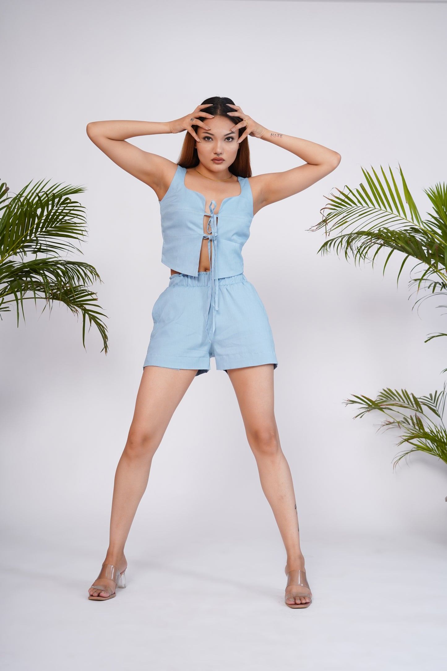 Sky Blue tie-up top and shorts set