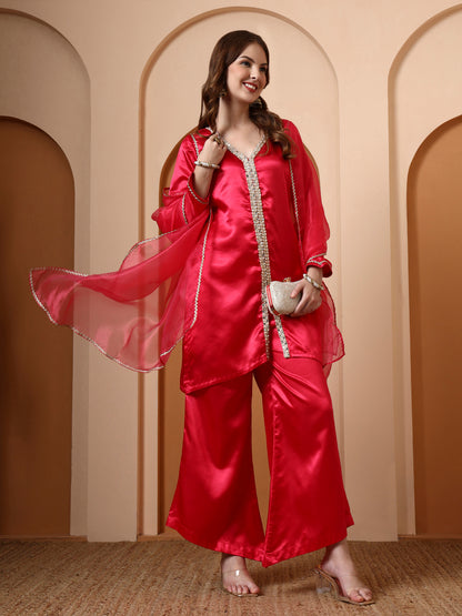 Hot Pink Embellished Kurta and Asymmetric Palazzo set