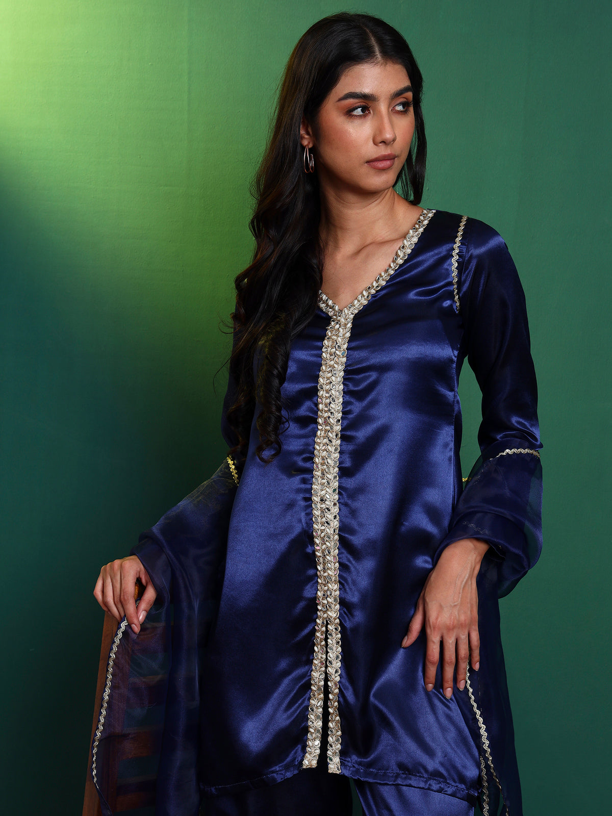 Blue Embellished Kurta and Asymmetric Palazzo set