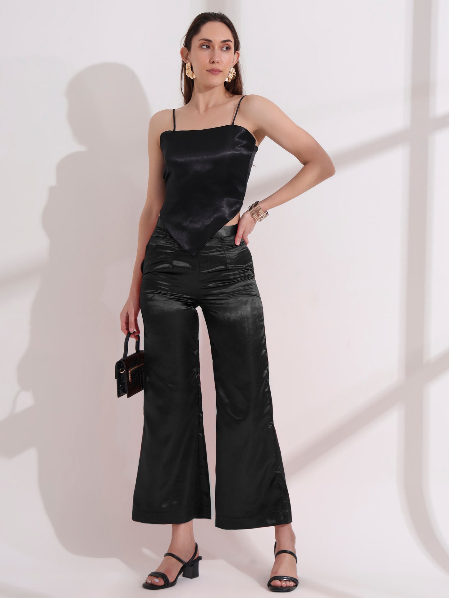 Black Satin Tie-up Top and Pant  Set