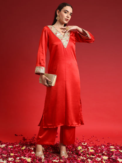 Red Embellished Kurta with Palazzo