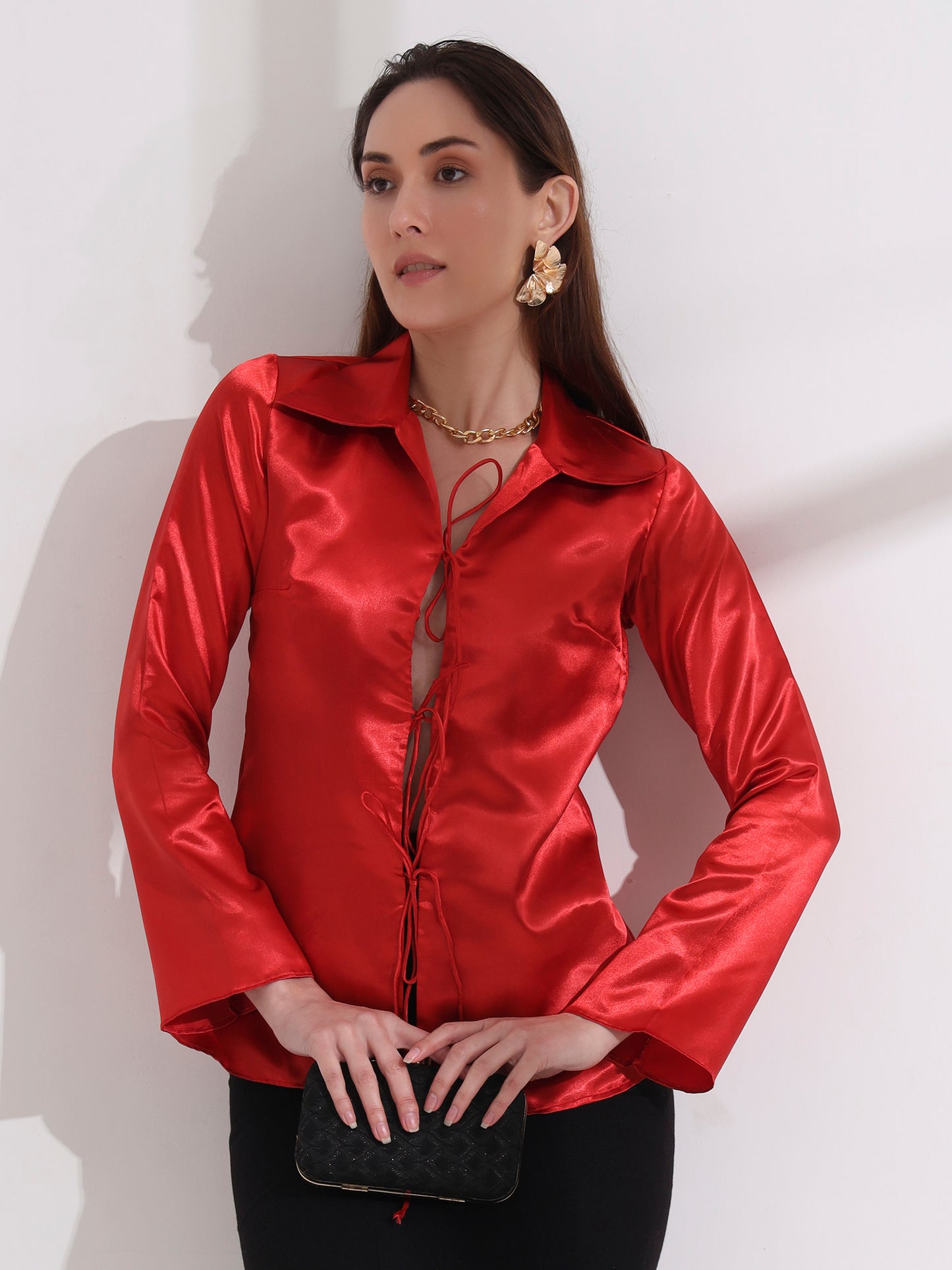 Red Tie-up Collared Satin Shirt