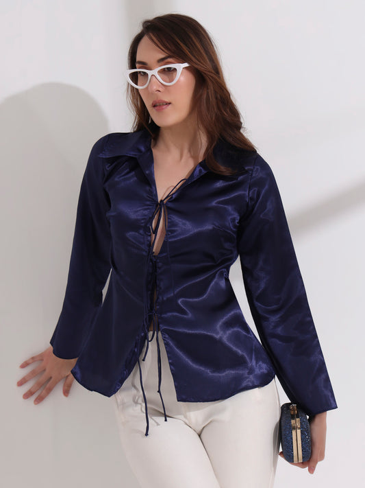 Blue Tie-up Collared Satin Shirt