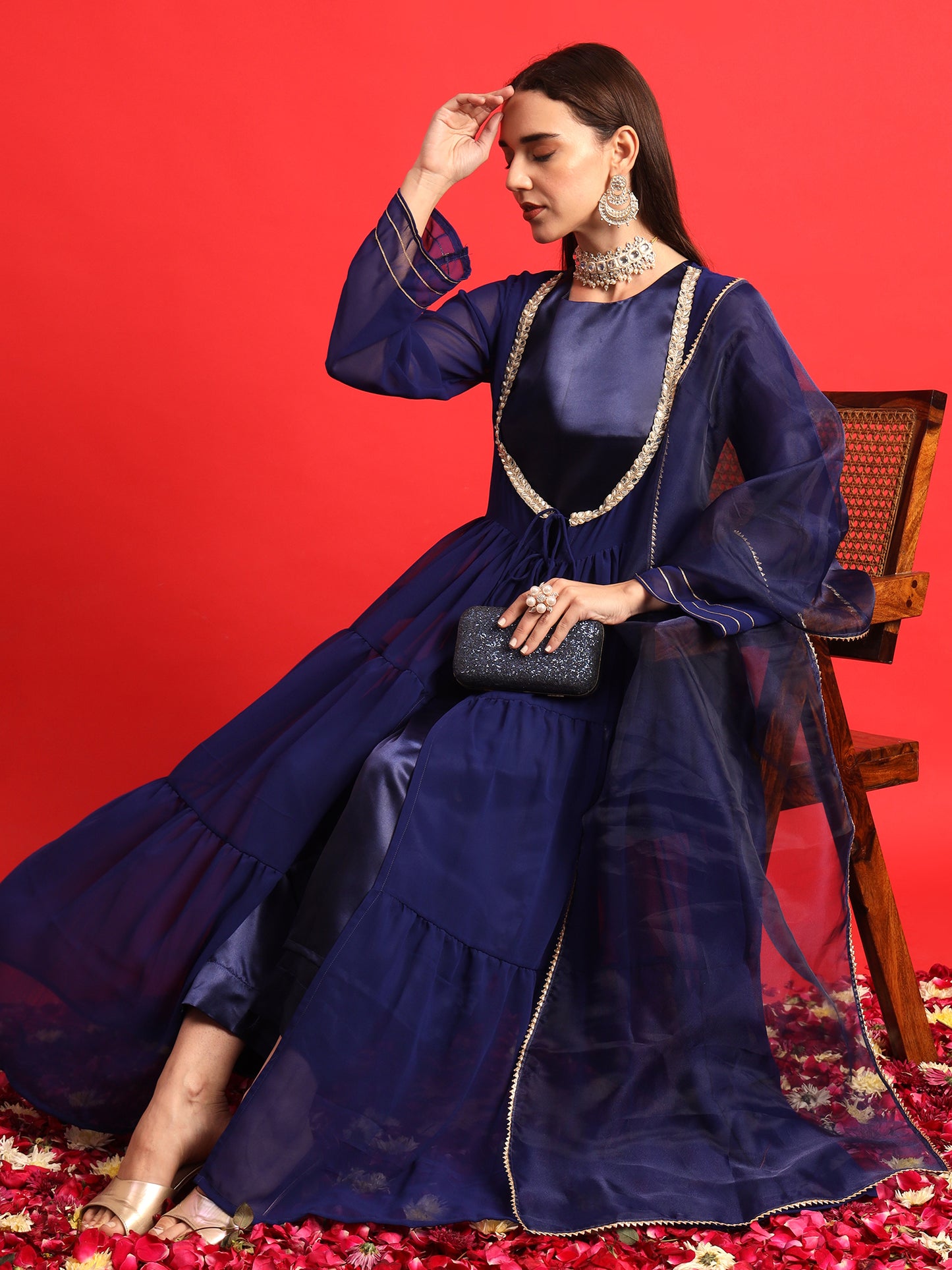 Blue Satin kurta Set with Layered Embellished Overlay