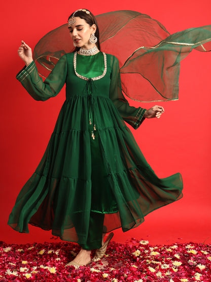 Green Satin kurta Set with Layered Embellished Overlay