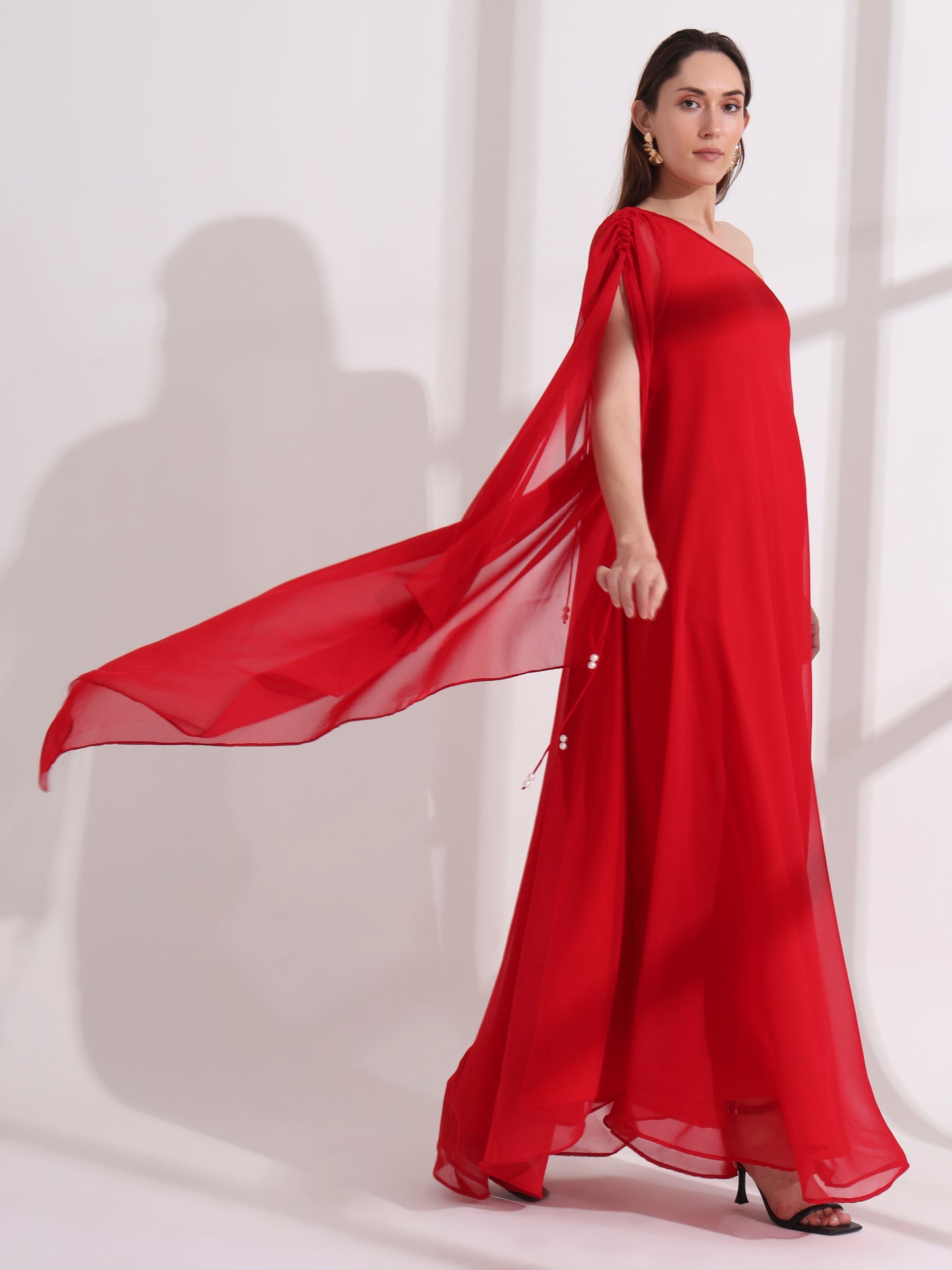 Red Georgette One Shoulder Flared Maxi Dress