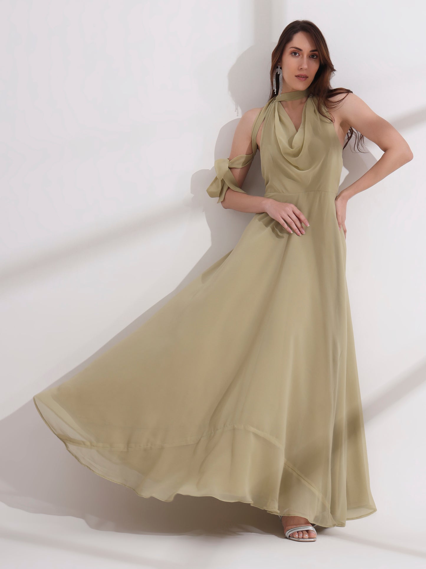 Tea Green Cowl Neck Maxi Dress