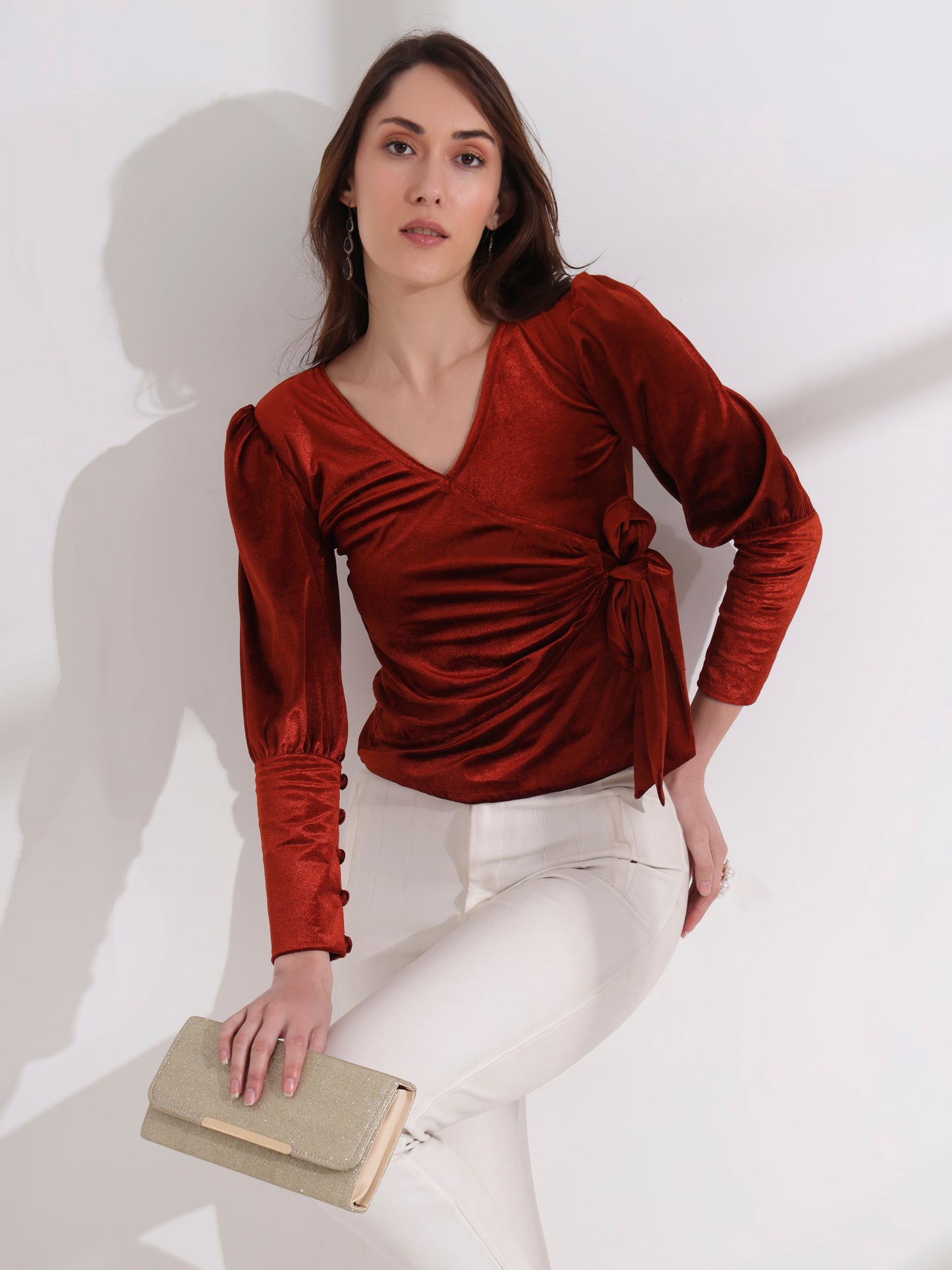 Burnt Orange Side Tie-up Velvet Top