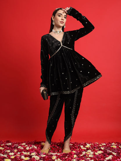 Black Velvet Embroidered Kurta with Tulip Pants