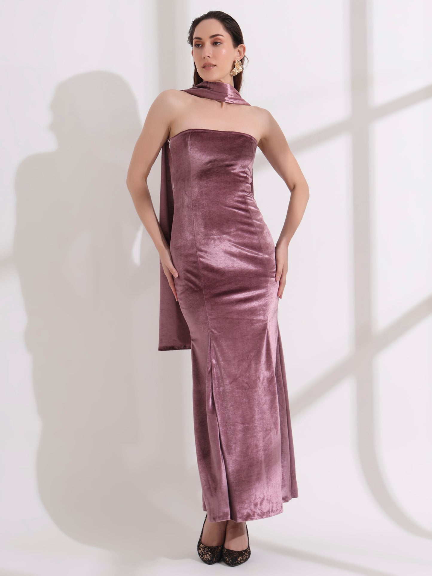 Purple Velvet Bodycon Dress with Dupatta