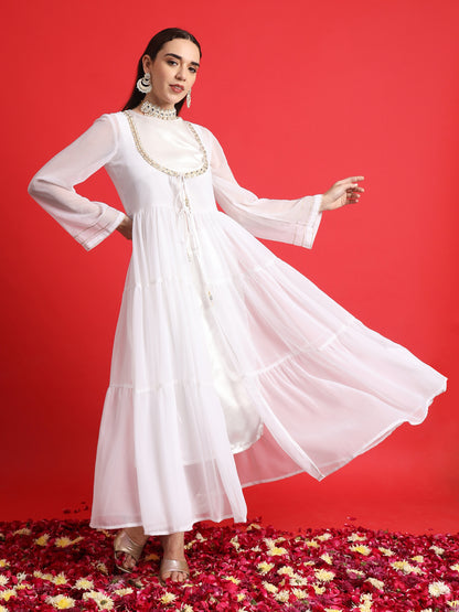 White Satin kurta Set with Layered Embellished Overlay