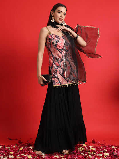 Paisley Printed Embellished Strappy Kurta and Sharara Set