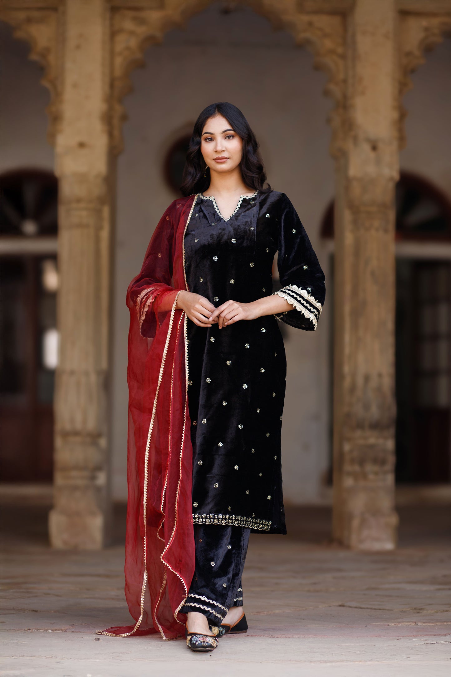 Black Velvet Embellished Kurta Set