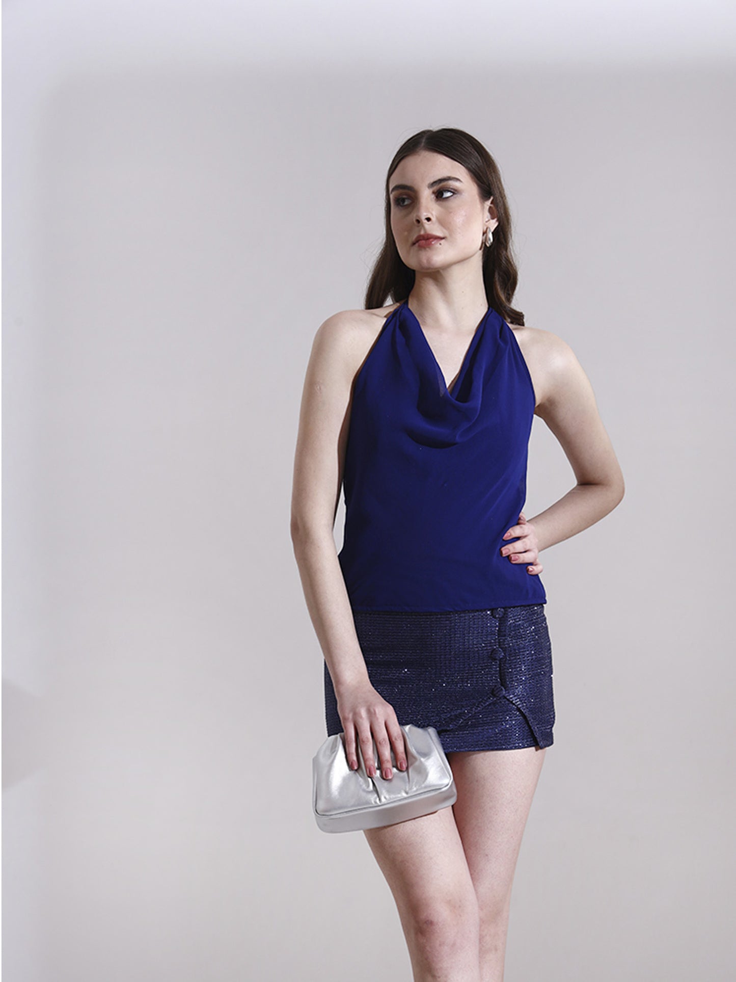 Blue Georgette Cowl Neck Top