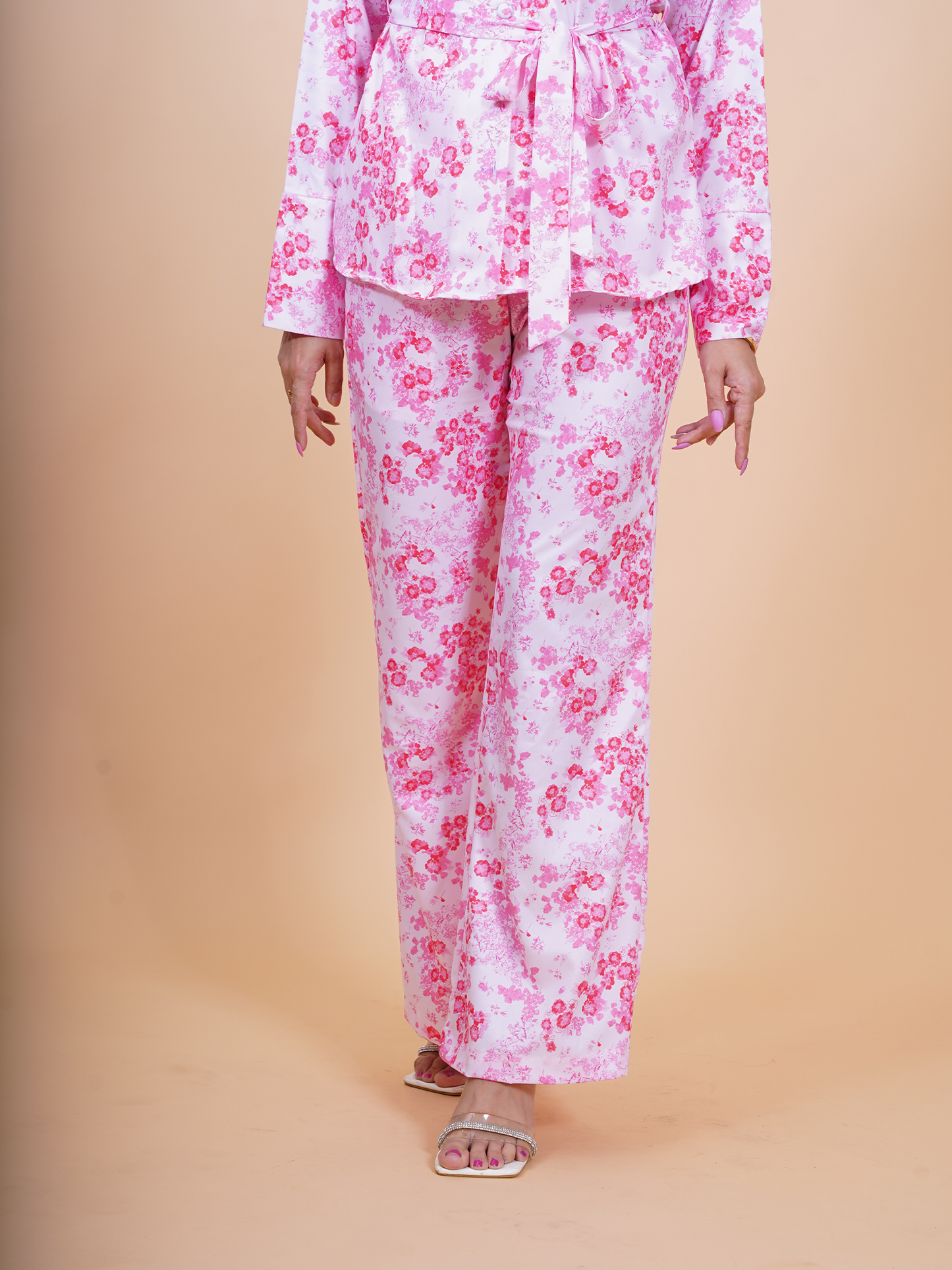 White & Pink Floral Bell Bottom Pant