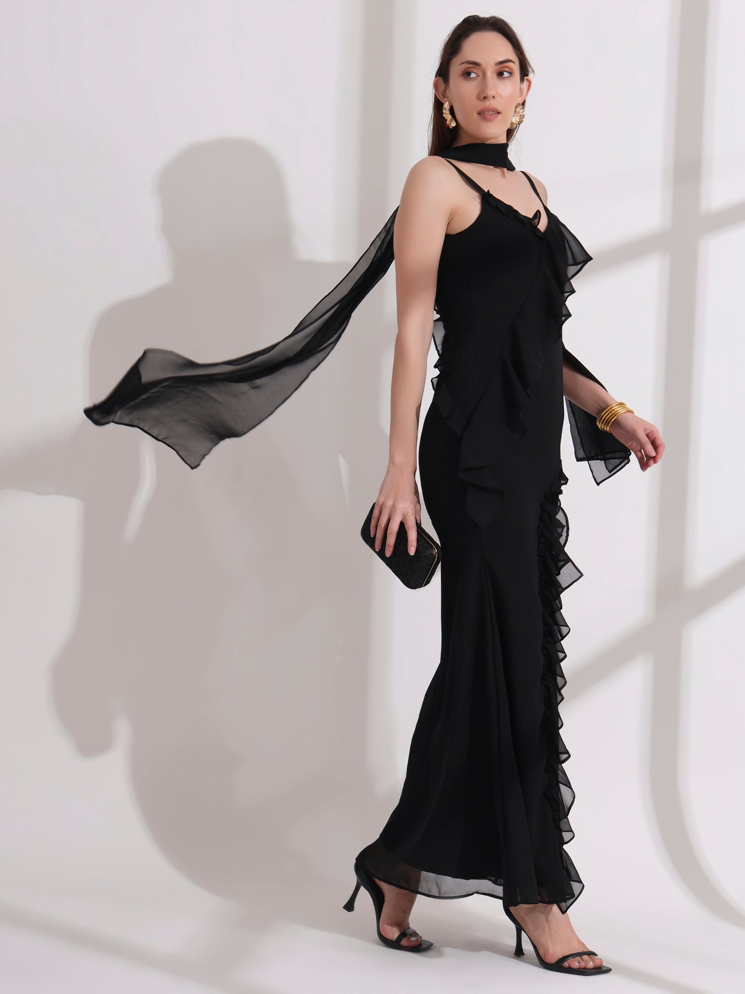 Black Ruffle Bodycon Dress with Dupatta – Salviasky