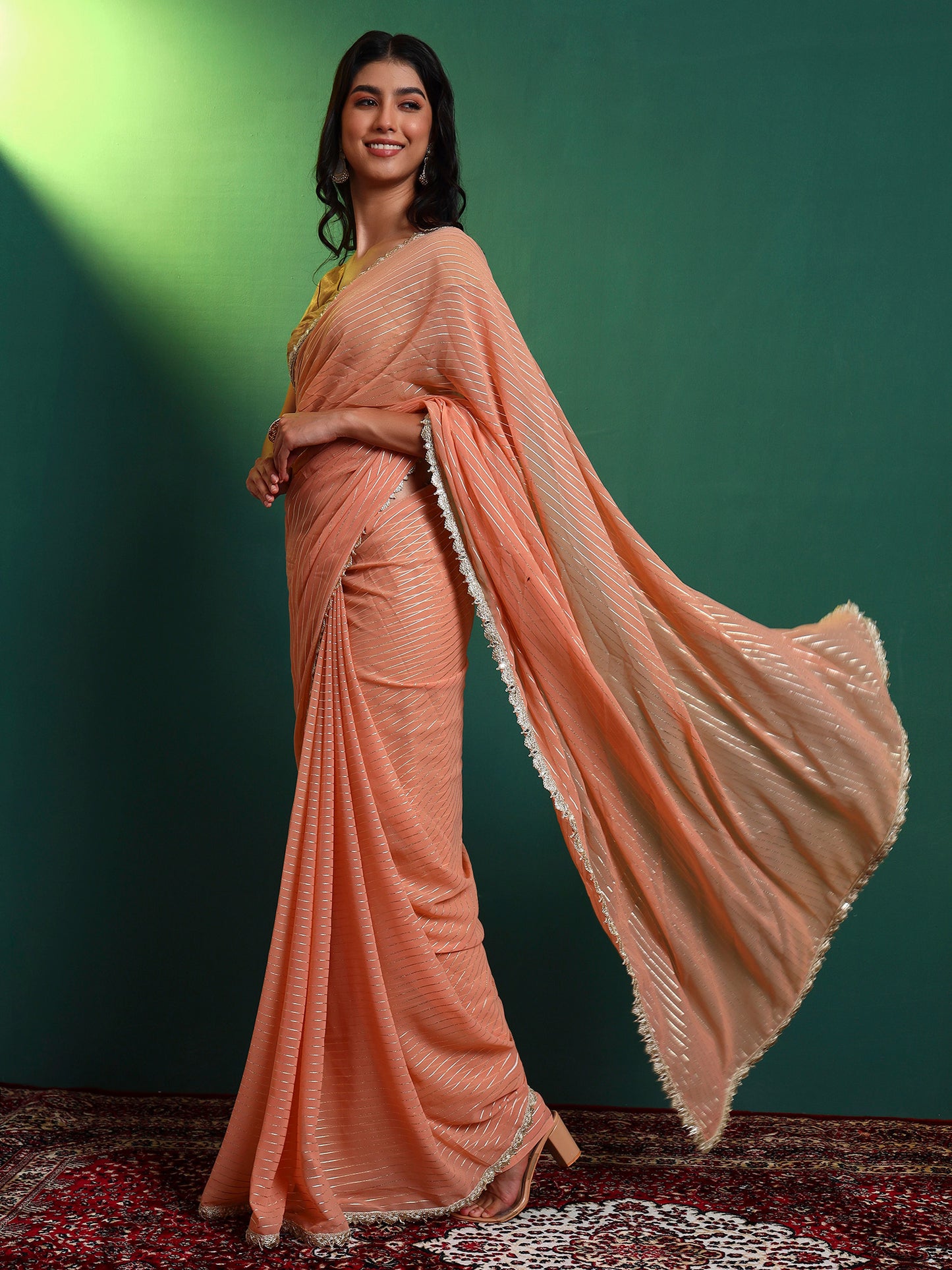 Peach Lurex Embellished Saree