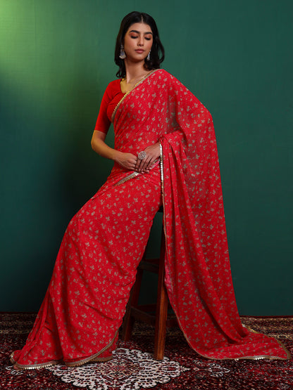 Red Floral Printed Chiffon Saree