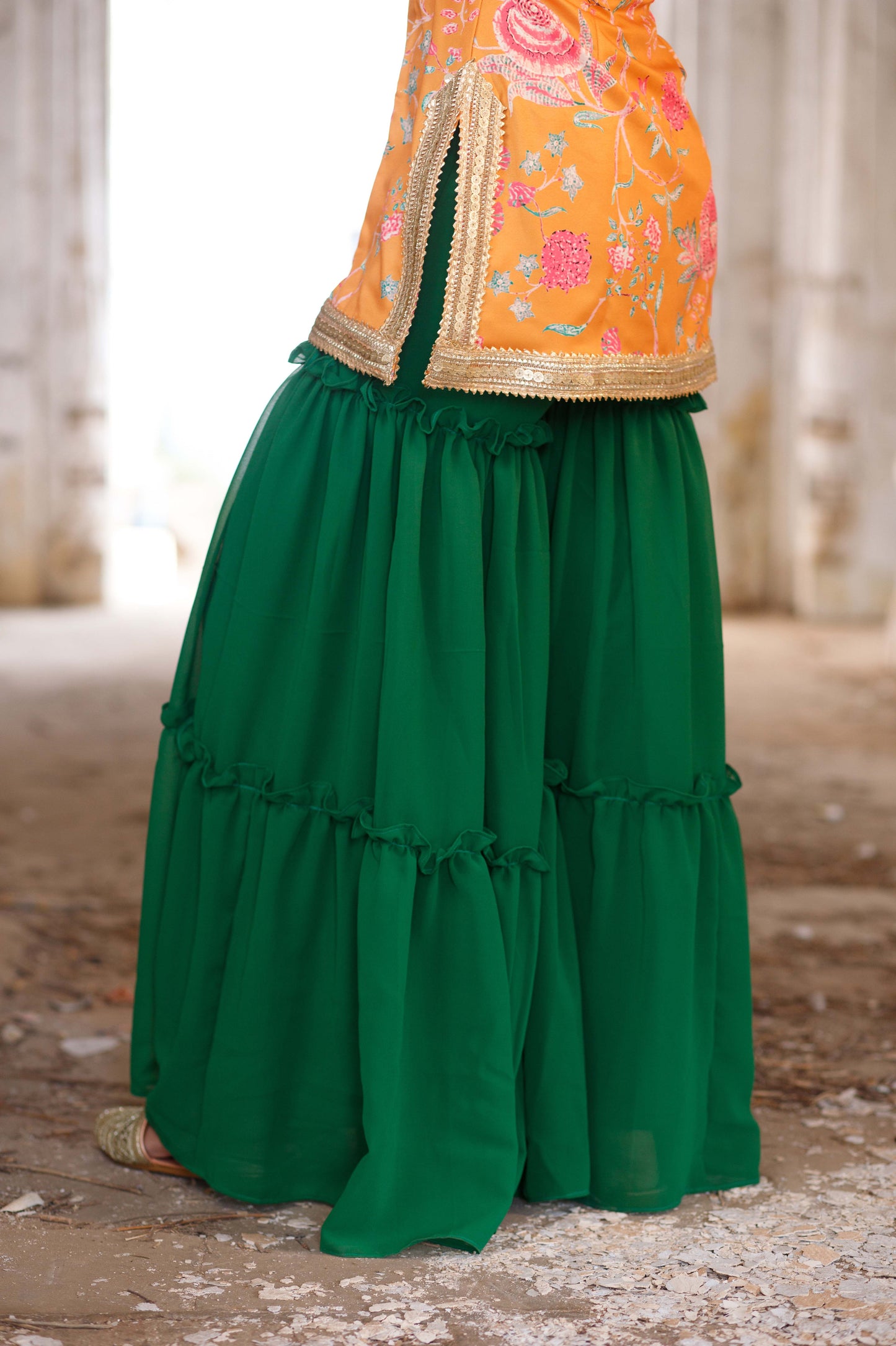 Chintz Floral Printed Halter Neck Kurta with Tiered Sharara Set