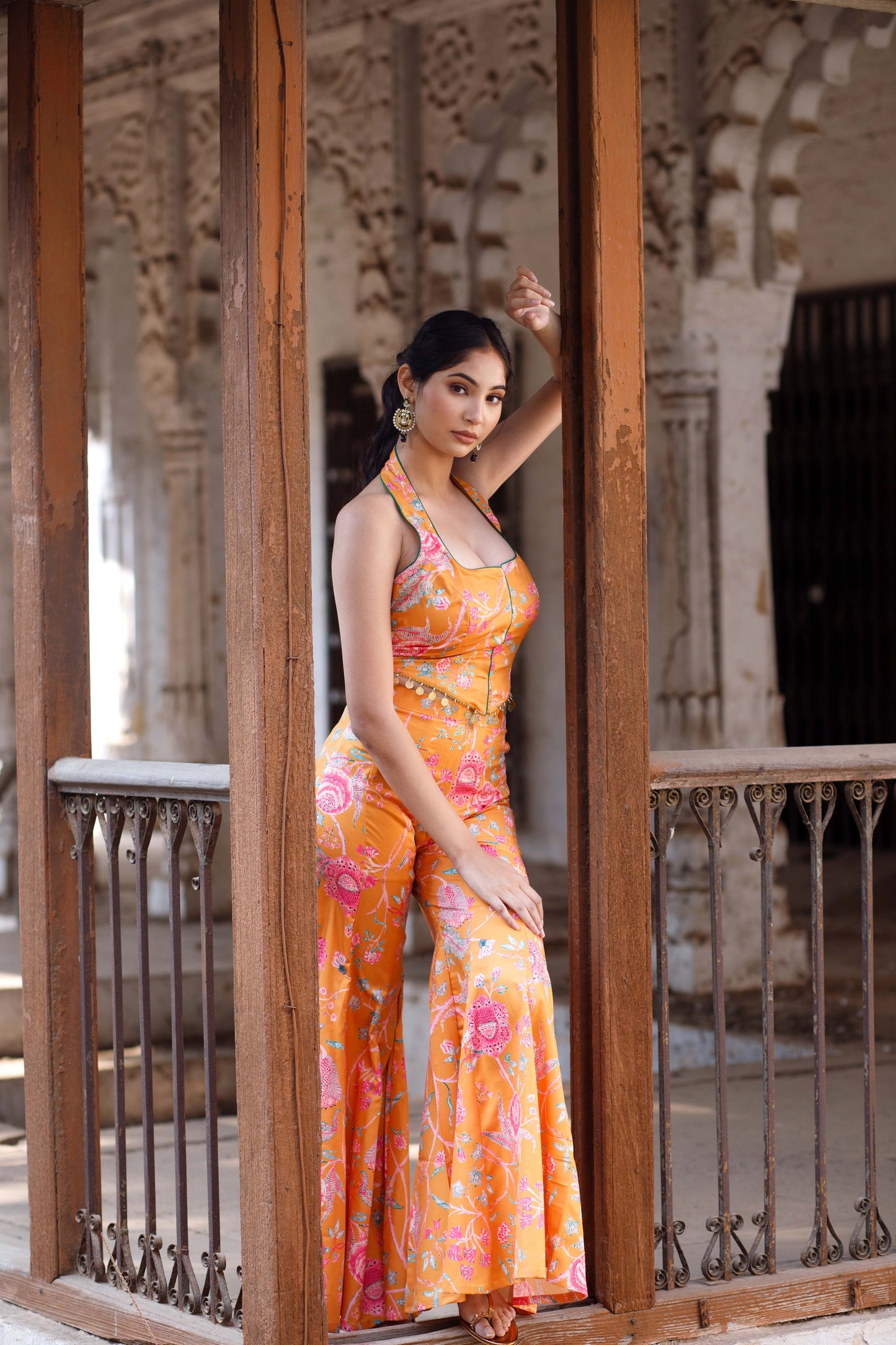 Chintz Floral Printed Halter Neck Corset with Sharara