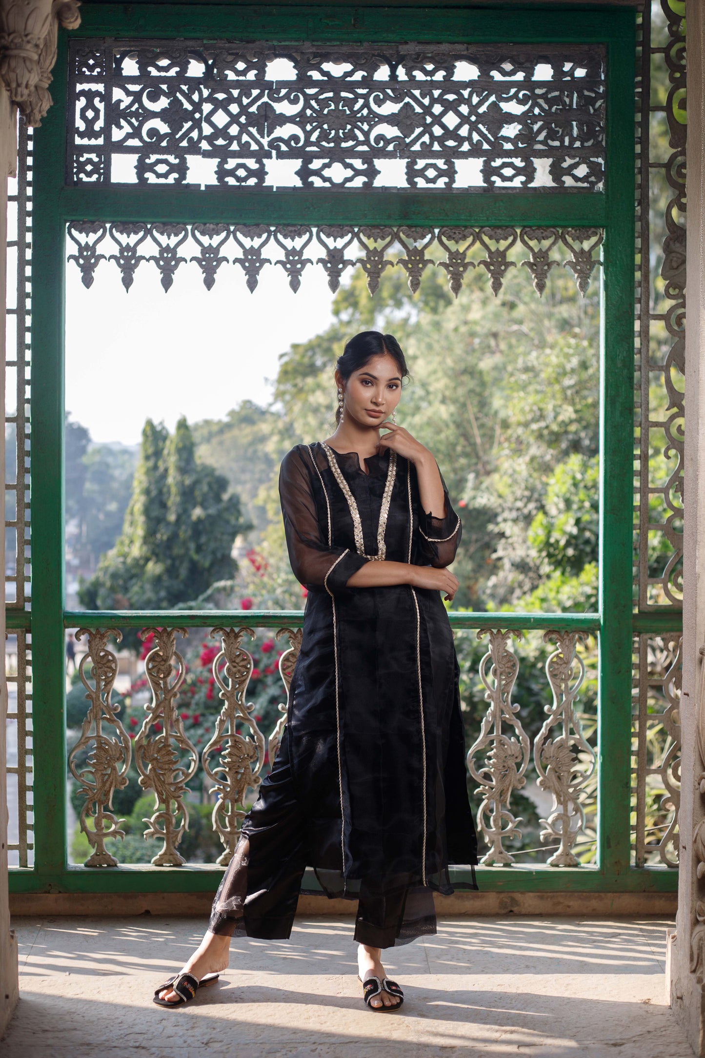 Black Satin Organza Embellished Kurta Set