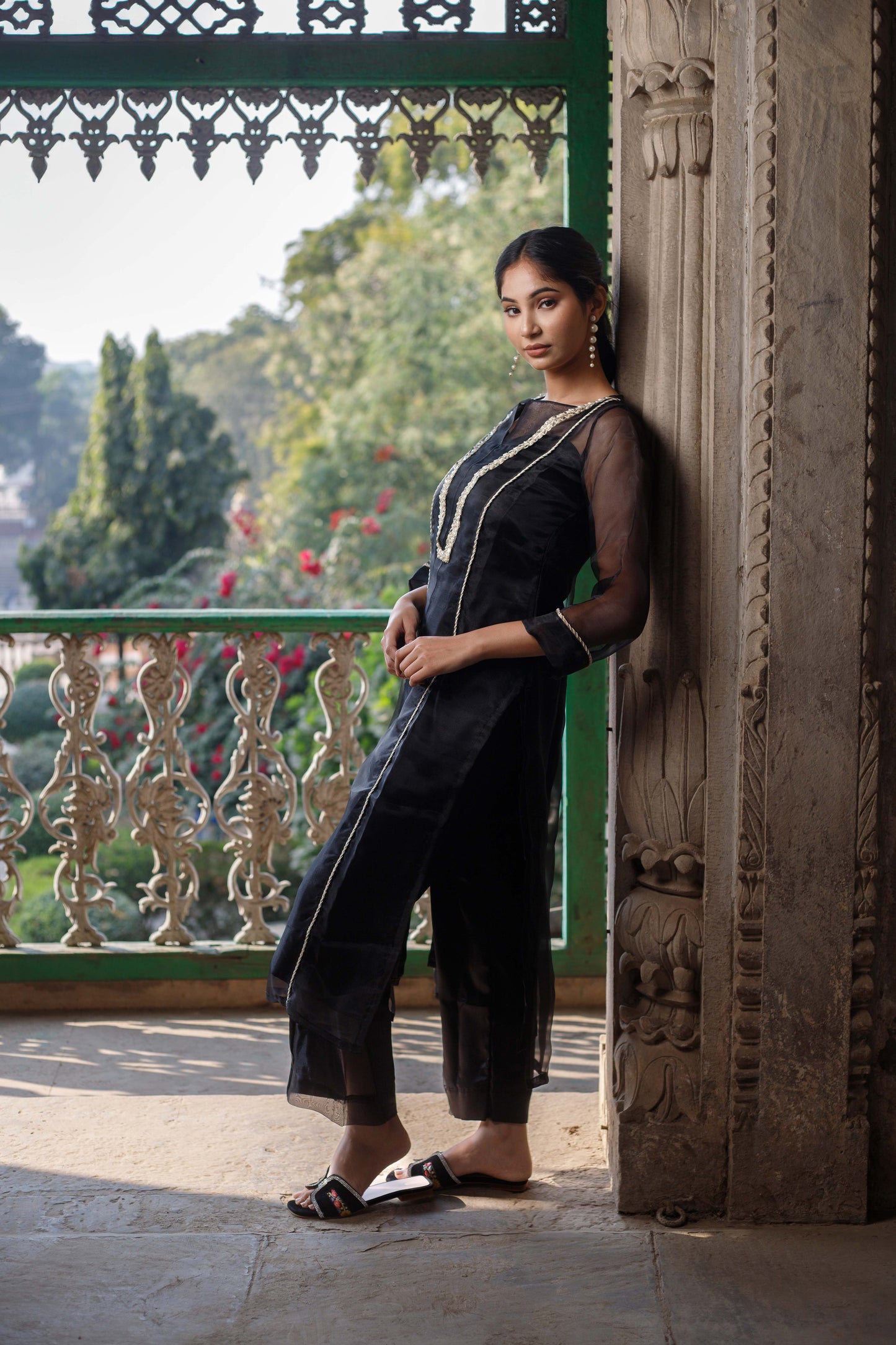 Black Satin Organza Embellished Kurta Set