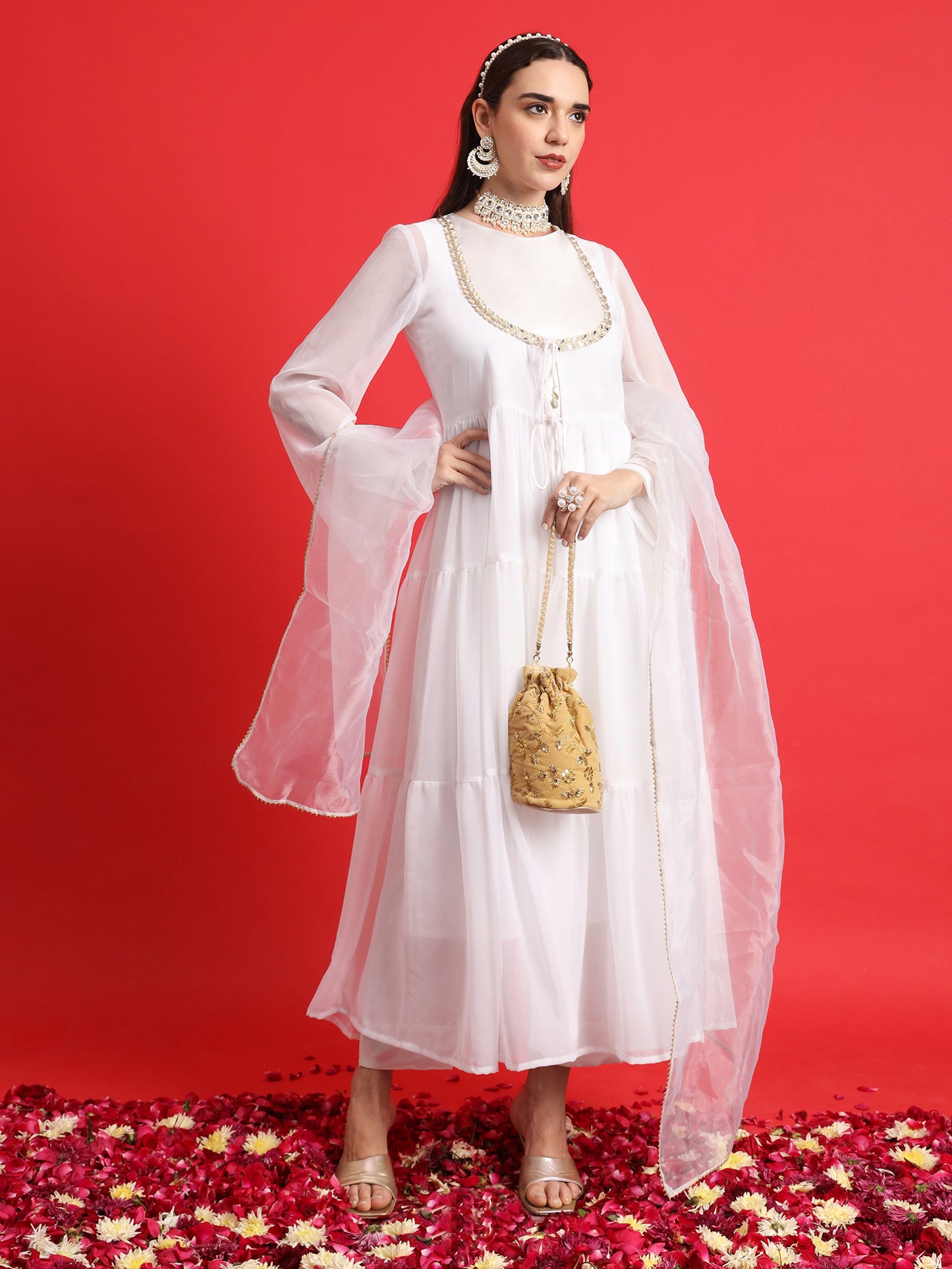 White Satin kurta Set with Layered Embellished Overlay