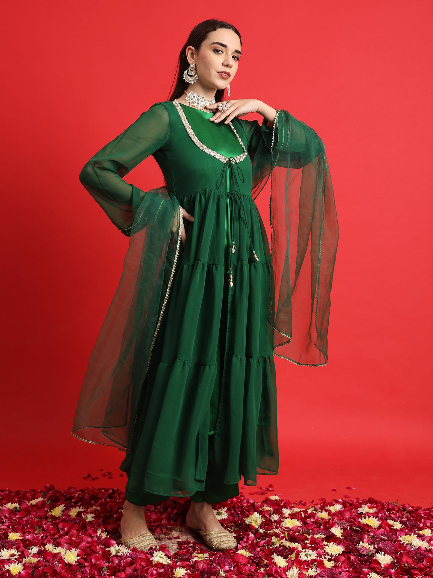 Green Satin kurta Set with Layered Embellished Overlay