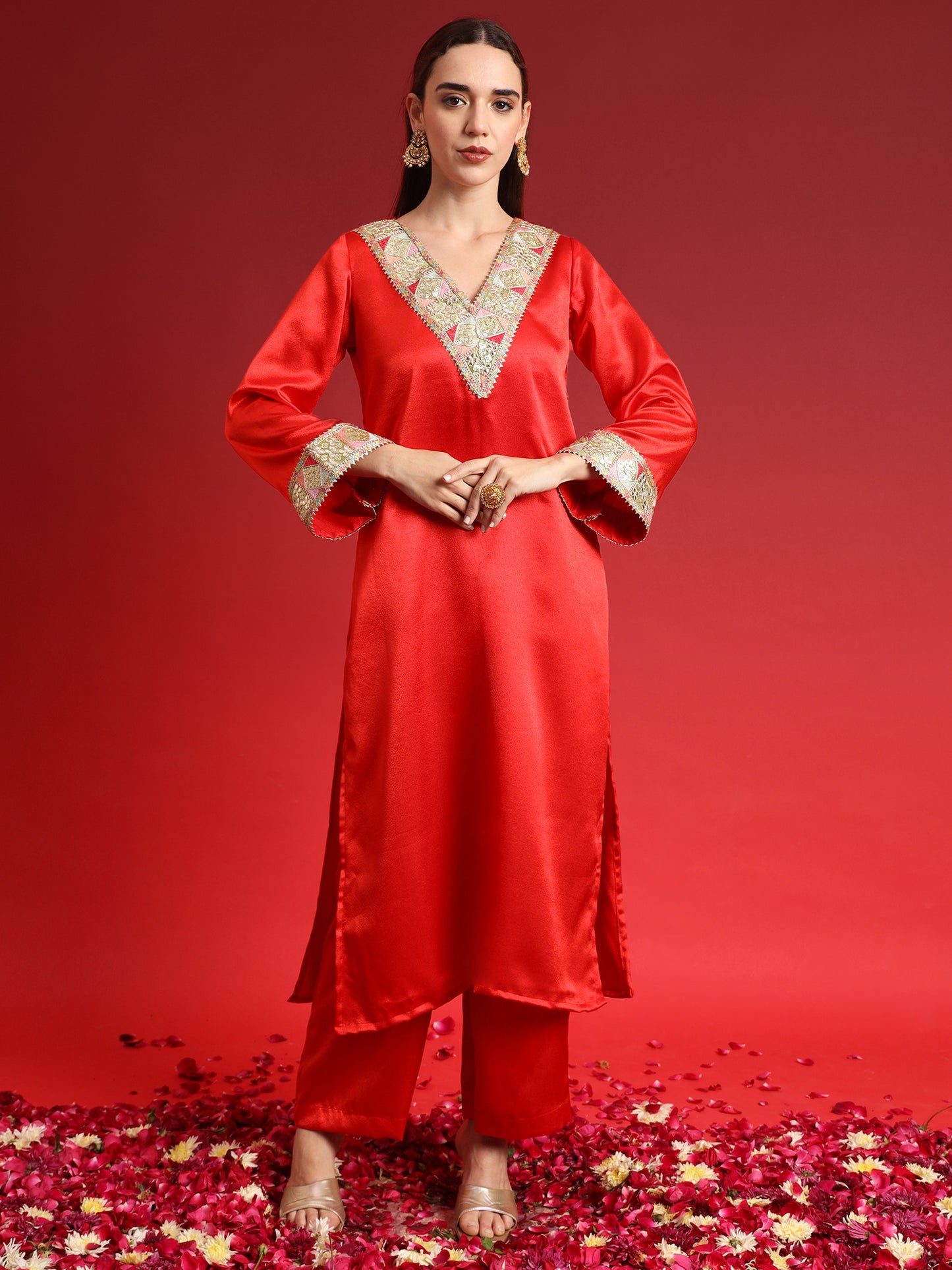 Red Embellished Kurta with Palazzo