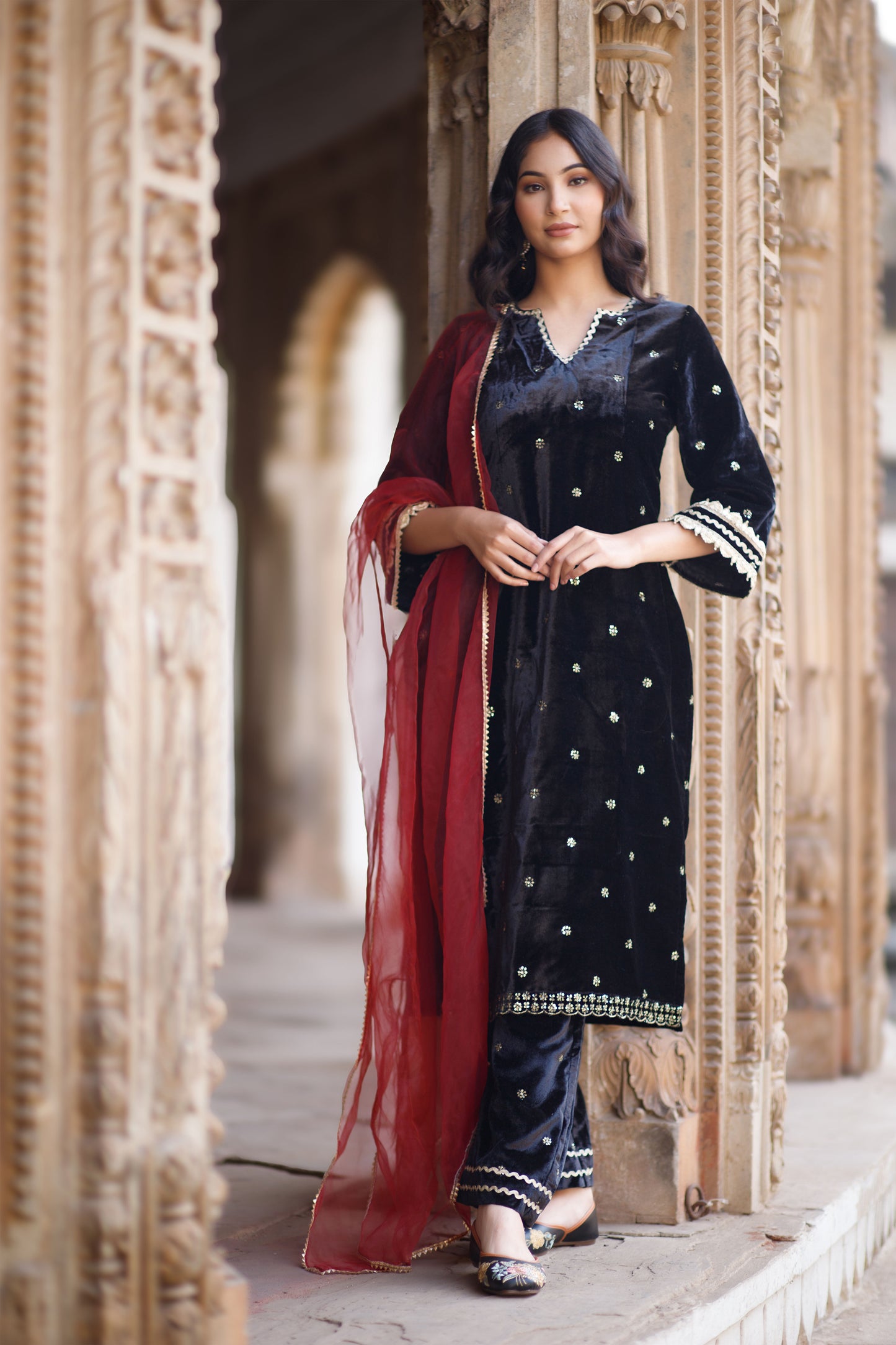 Black Velvet Embellished Kurta Set