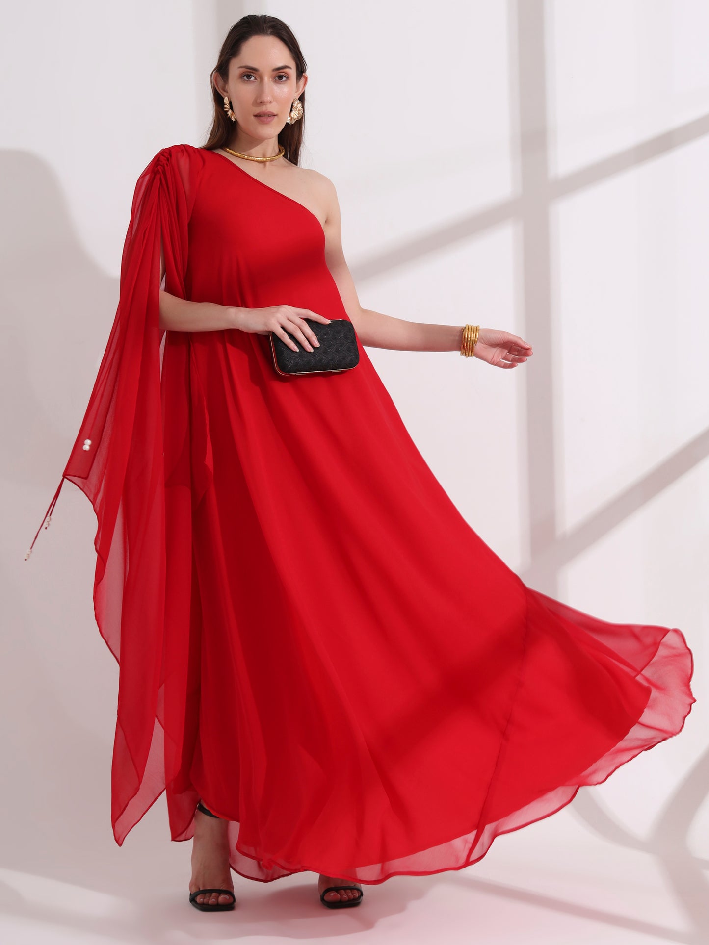 Red Georgette One Shoulder Flared Maxi Dress