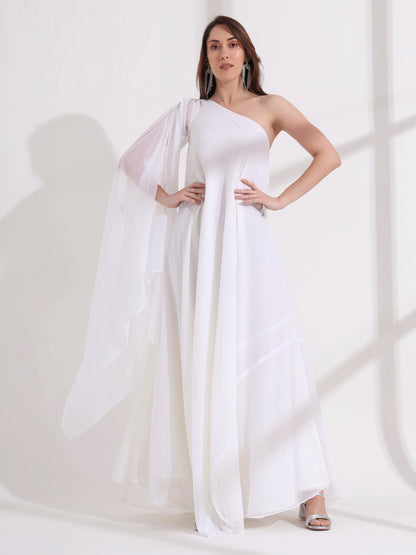 White Georgette One Shoulder Flared Maxi Dress