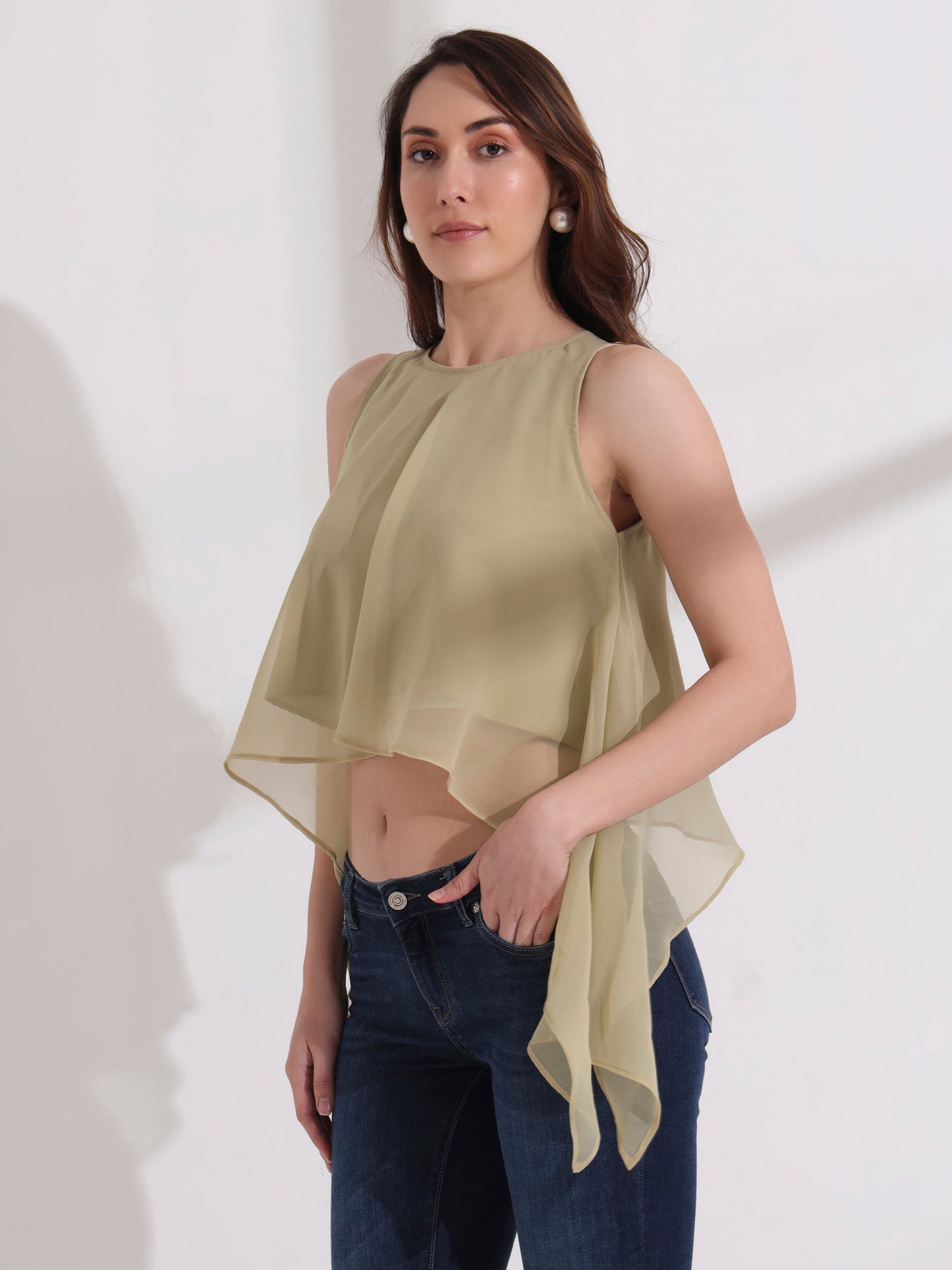 Tea Green Georgette Ruffle Crop Top