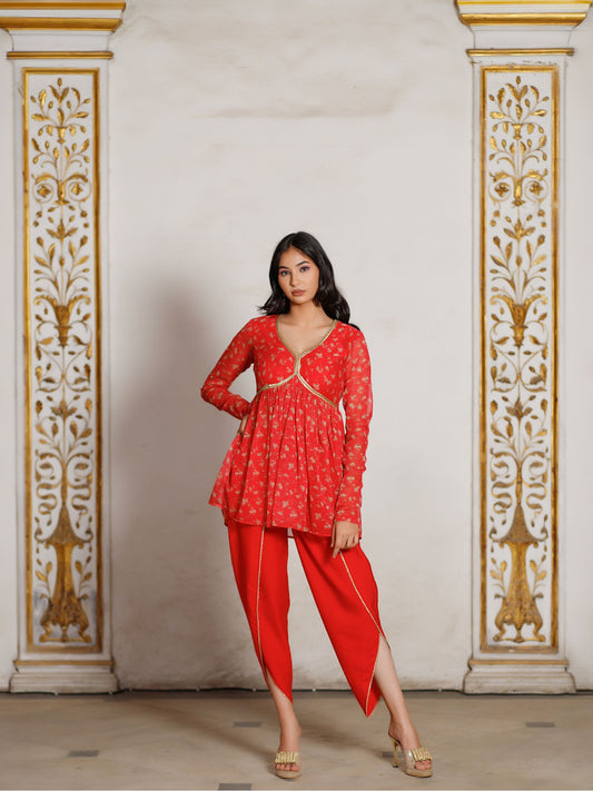 Red Floral Embellished kurta with Tulip Pants