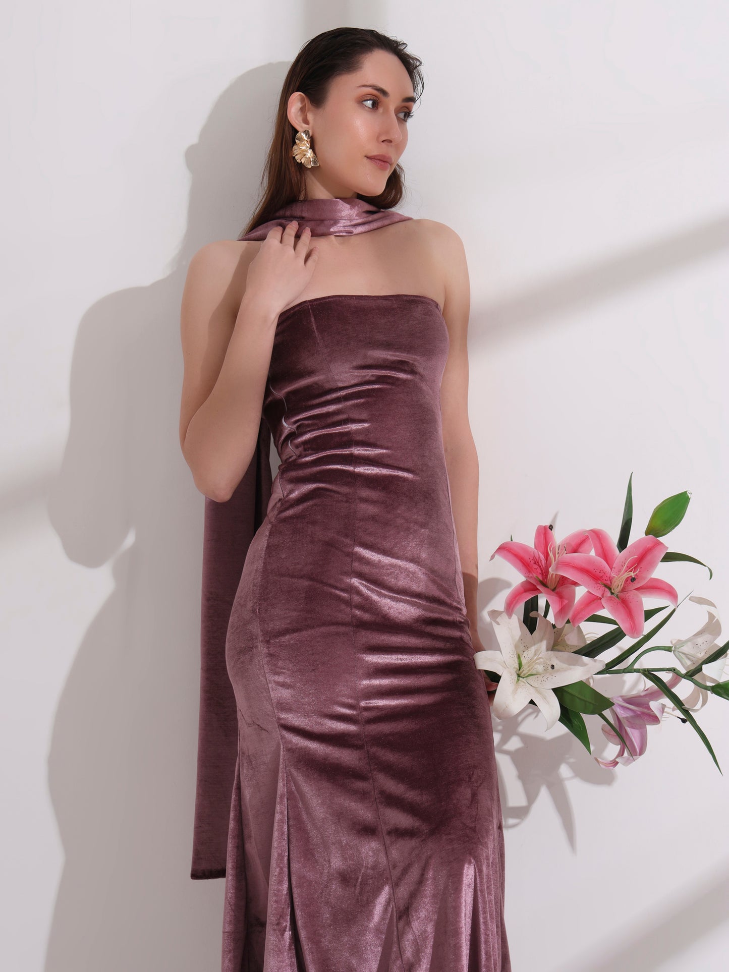 Purple Velvet Bodycon Dress with Dupatta